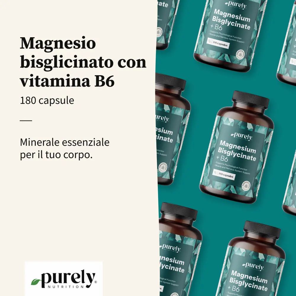 Diverse bottiglie di Magnesium Bisglycinate + B6. Testo: Magnesio bisglicinato con vitamina B6, 180 capsule.