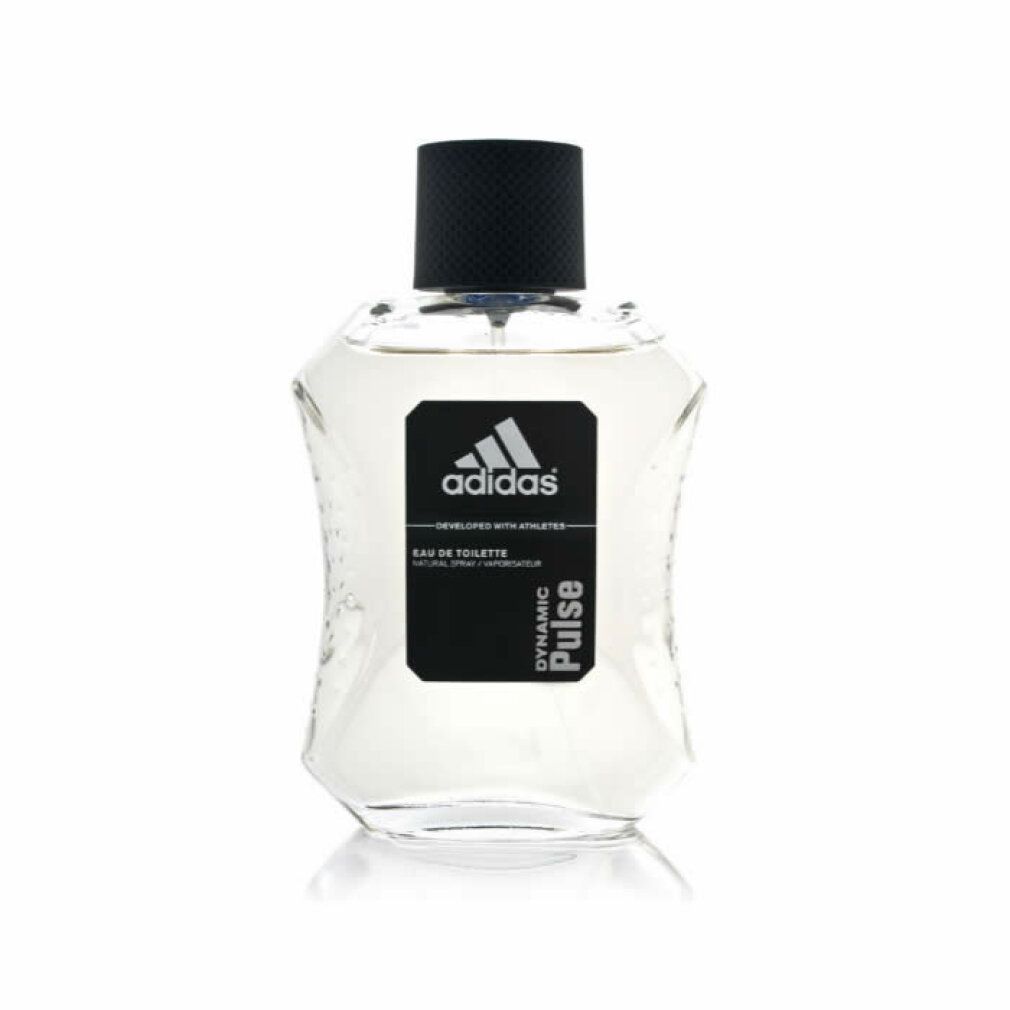 Adidas Dynamic Pulse Eau de Toilette. Flacone trasparente con tappo nero. Etichetta nera con logo e nome del prodotto.