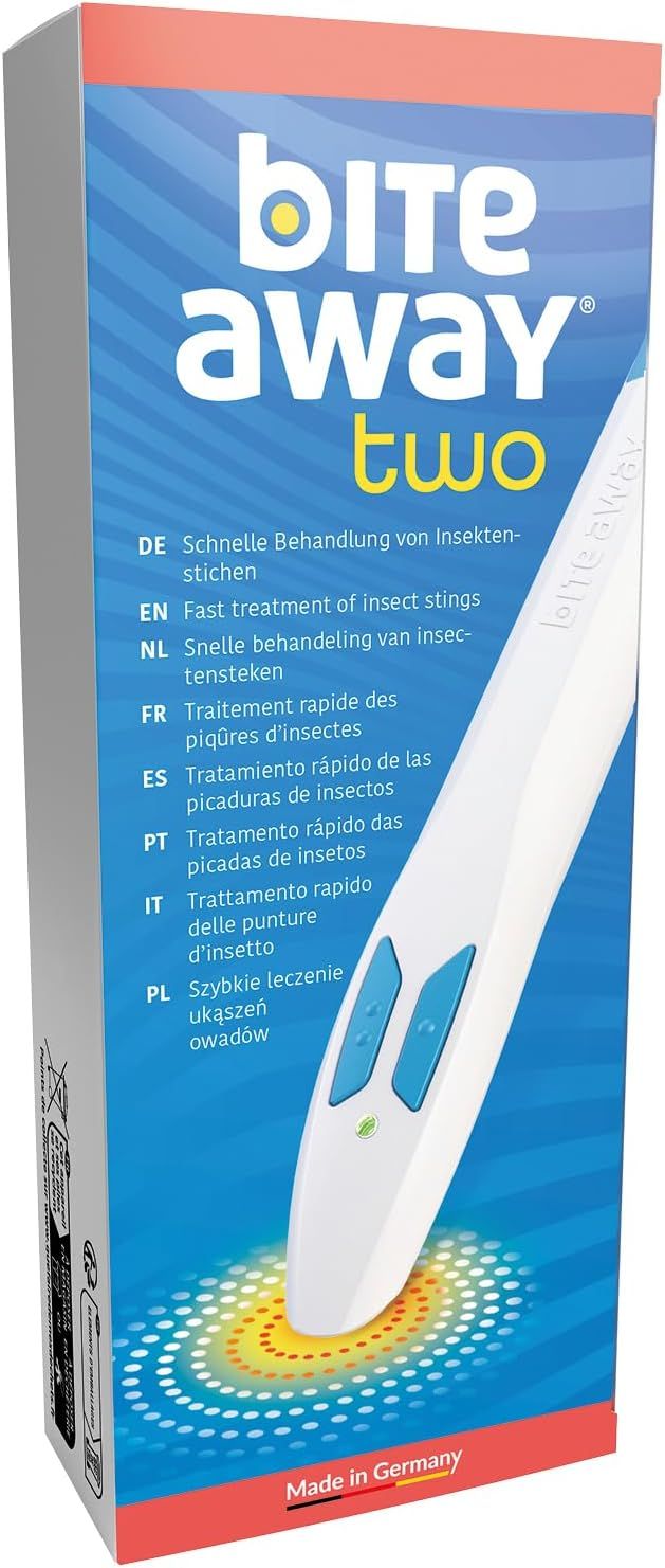Confezione di bite away two. Testo in più lingue. Dispositivo bianco con pulsanti e punta blu, sulla confezione.