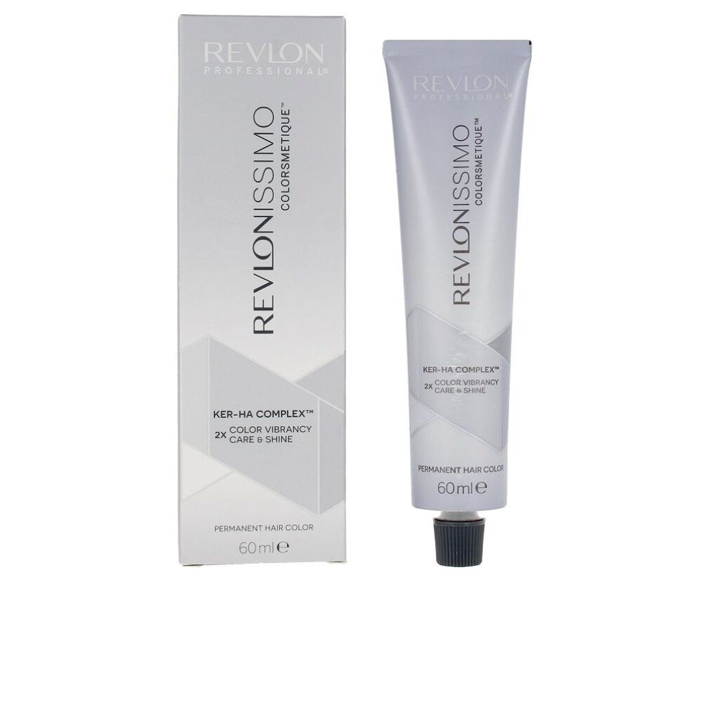 Tubo e scatola di tinta per capelli. Scritto: Revlonissimo Colorsmetique. 60ml. Colorazione permanente.