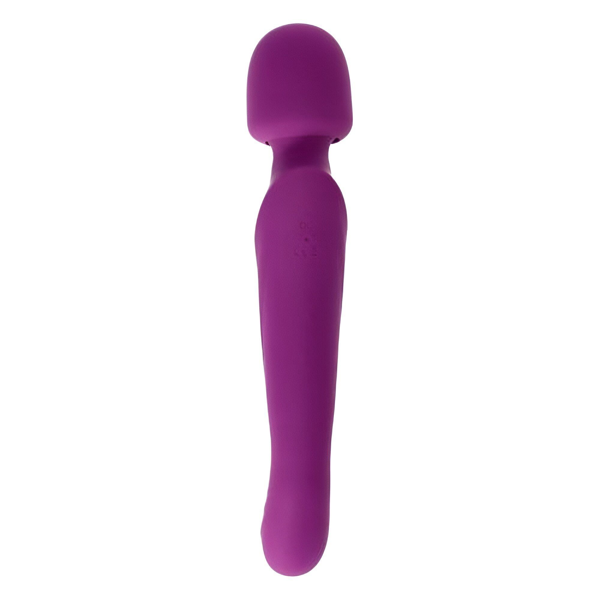 Massaggiatore viola con testa arrotondata e manico. La forma è ergonomica.