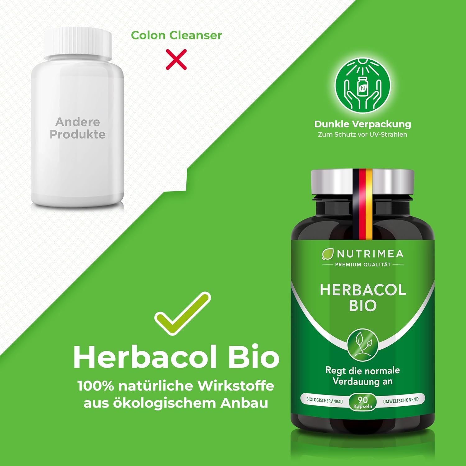 Confronto: HERBACOL BIO vs. altro prodotto. Bottiglia HERBACOL BIO con testo: Ingredienti naturali al 100% da agricoltura biologica.