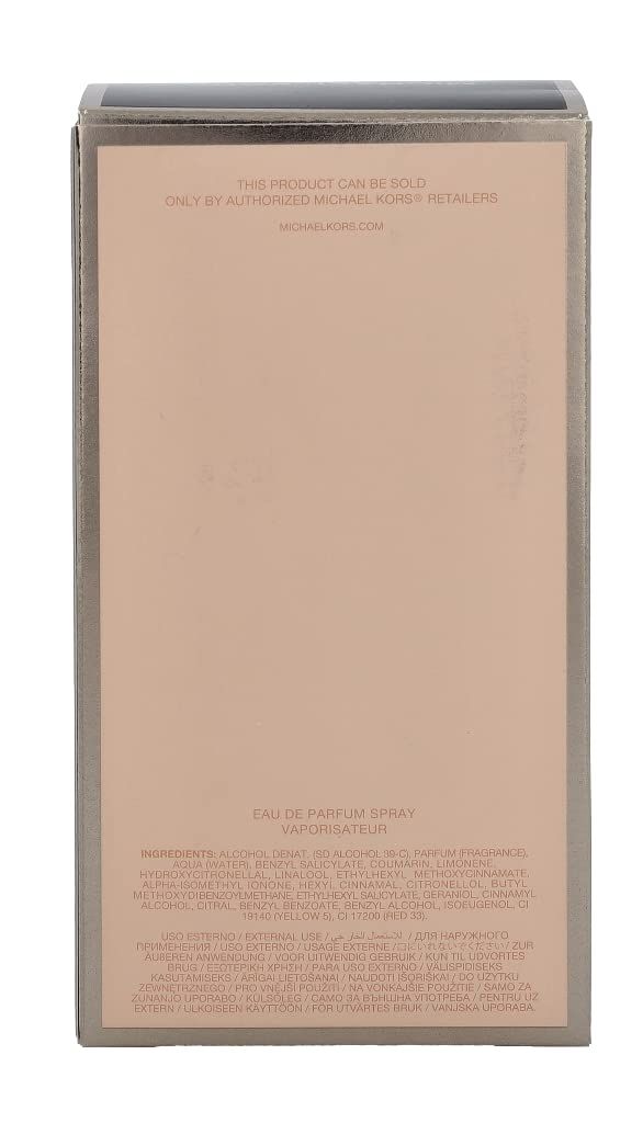 Scatola per Eau de Parfum Spray. Beige con testo e ingredienti. Solo da rivenditori Michael Kors autorizzati.