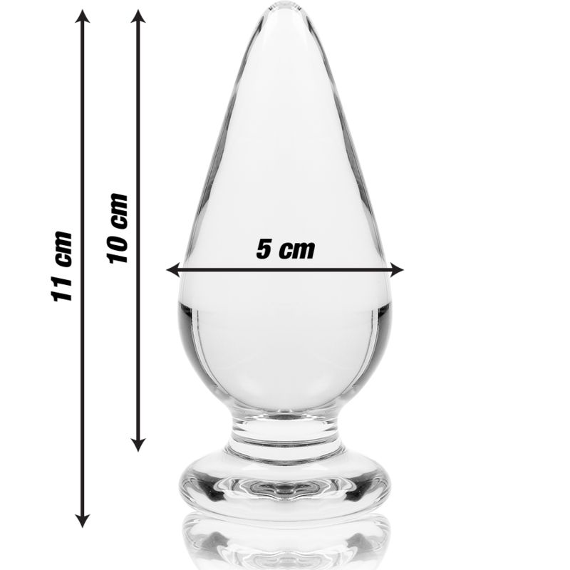 Spina anale in vetro borosilicato, affusolata, con flangia. Misure: 11cm lunghezza, 5cm larghezza.