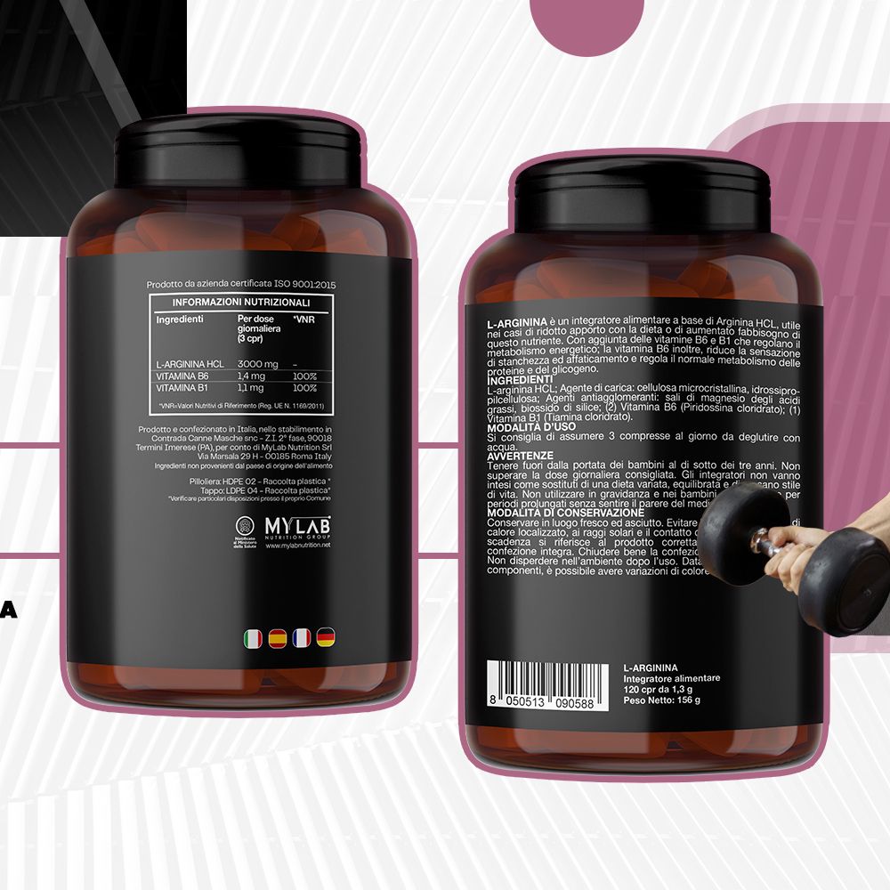 Due flaconi L-Arginina. Scritta: L-Arginina, 120 CPR. Ingredienti e informazioni nutrizionali. Certificazione.