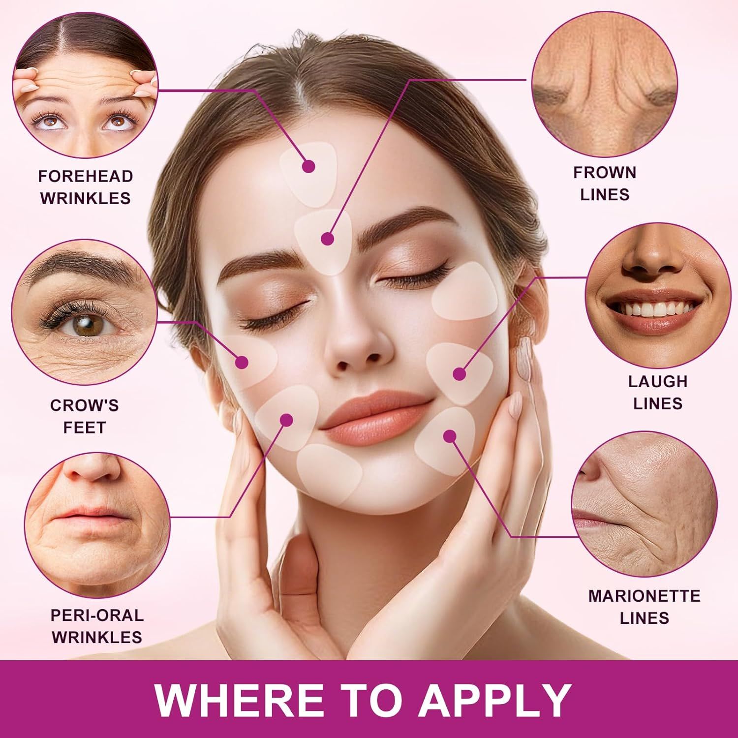 Viso di donna con patch antirughe. Aree: fronte, zampe di gallina, rughe del cipiglio, rughe del sorriso, rughe della marionetta, rughe periorali.