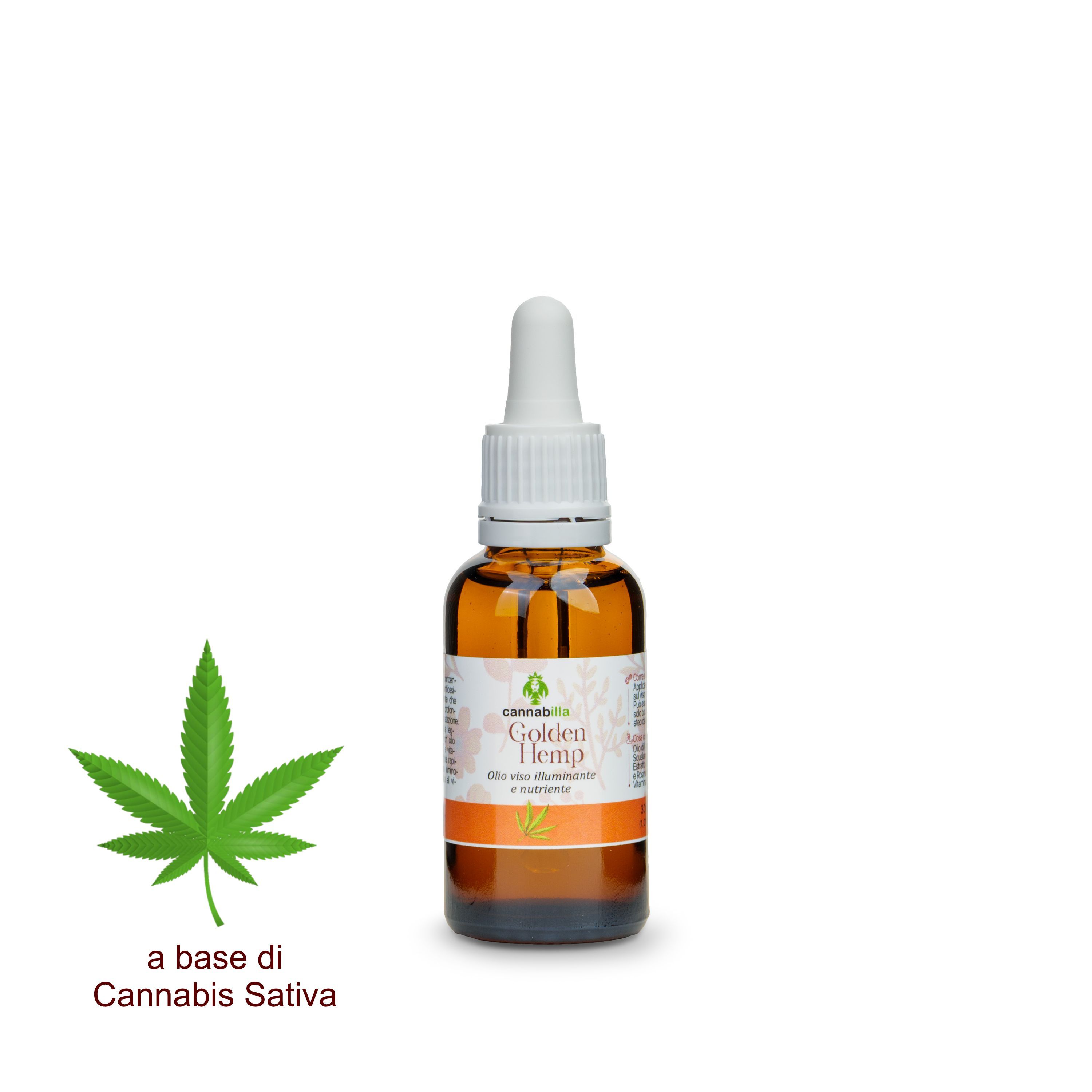 Flacone ambrato con contagocce bianco. Etichetta Golden Hemp. Foglia di cannabis a sinistra.