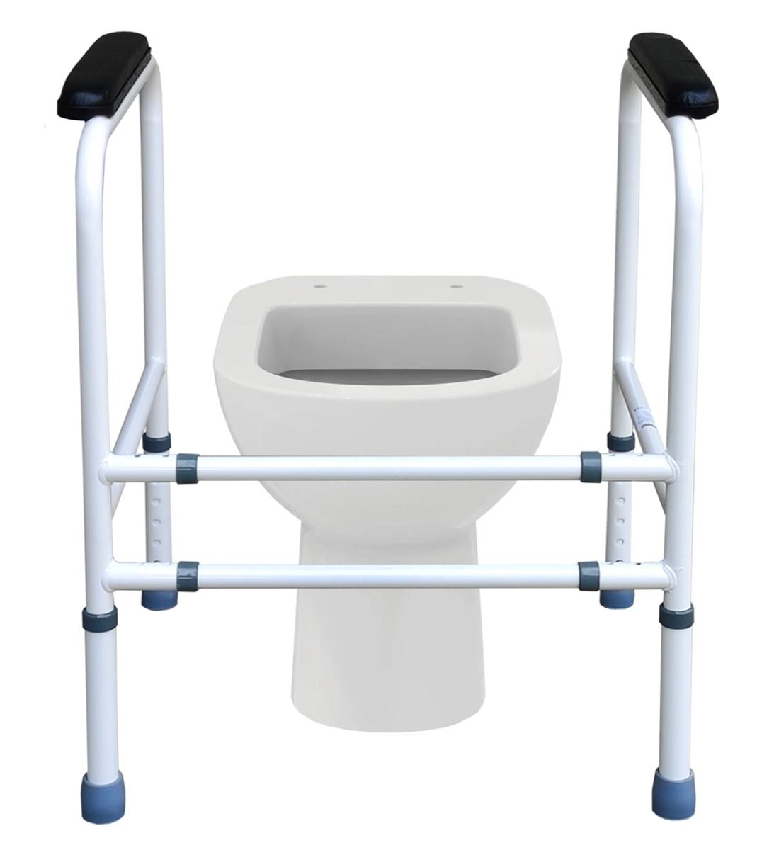 Struttura per WC con braccioli, telaio metallico bianco, braccioli neri, montata su un WC.