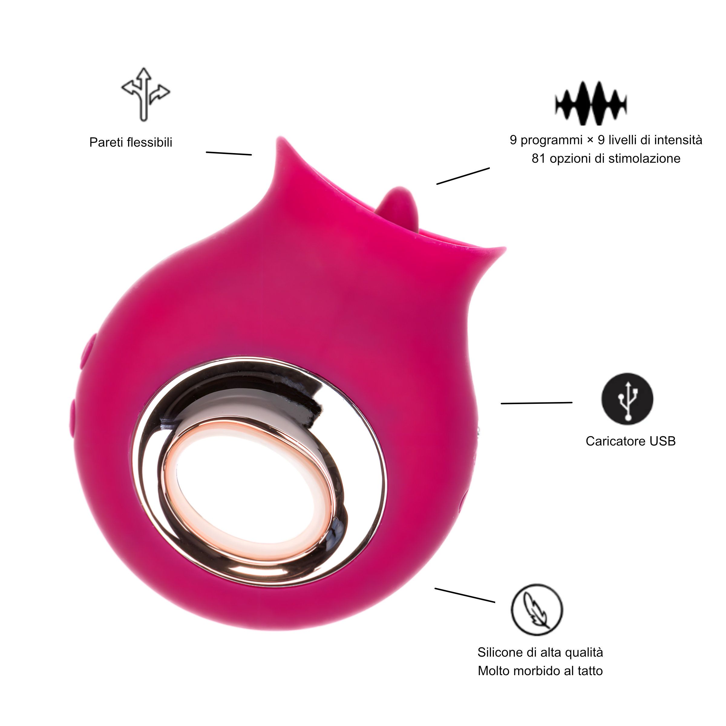 Vibratore lingua rosa, 81 modalità, ricarica USB, in silicone.