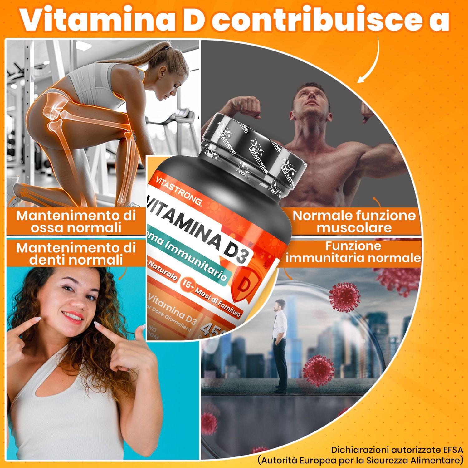 Flacone di vitamina D3 con immagini che mostrano ossa, denti e muscoli. Sfondo arancione.