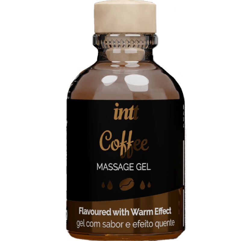 Bottiglia di vetro marrone con etichetta nera. Scritta: intt Coffee Massage Gel. Con effetto caldo.