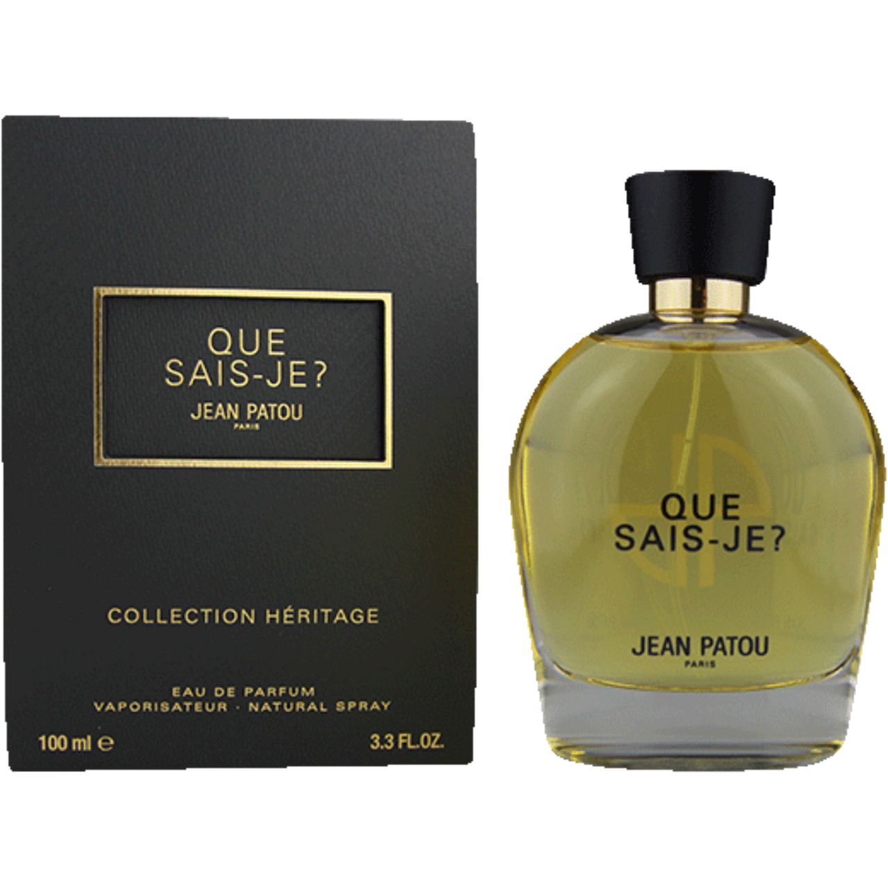 Scatola nera e flacone. Scritto: Que Sais-Je? Jean Patou. Collection Héritage. Flacone con liquido giallo.