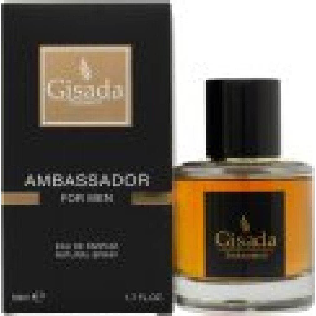Flacone di profumo accanto a confezione nera. Scritta: Gisada Ambasciatore For Men. EdP Spray. 50ml.
