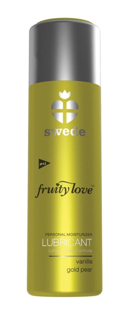 Flacone giallo con tappo argentato. Logo "swede", scritta "fruity love" e "LUBRICANT".