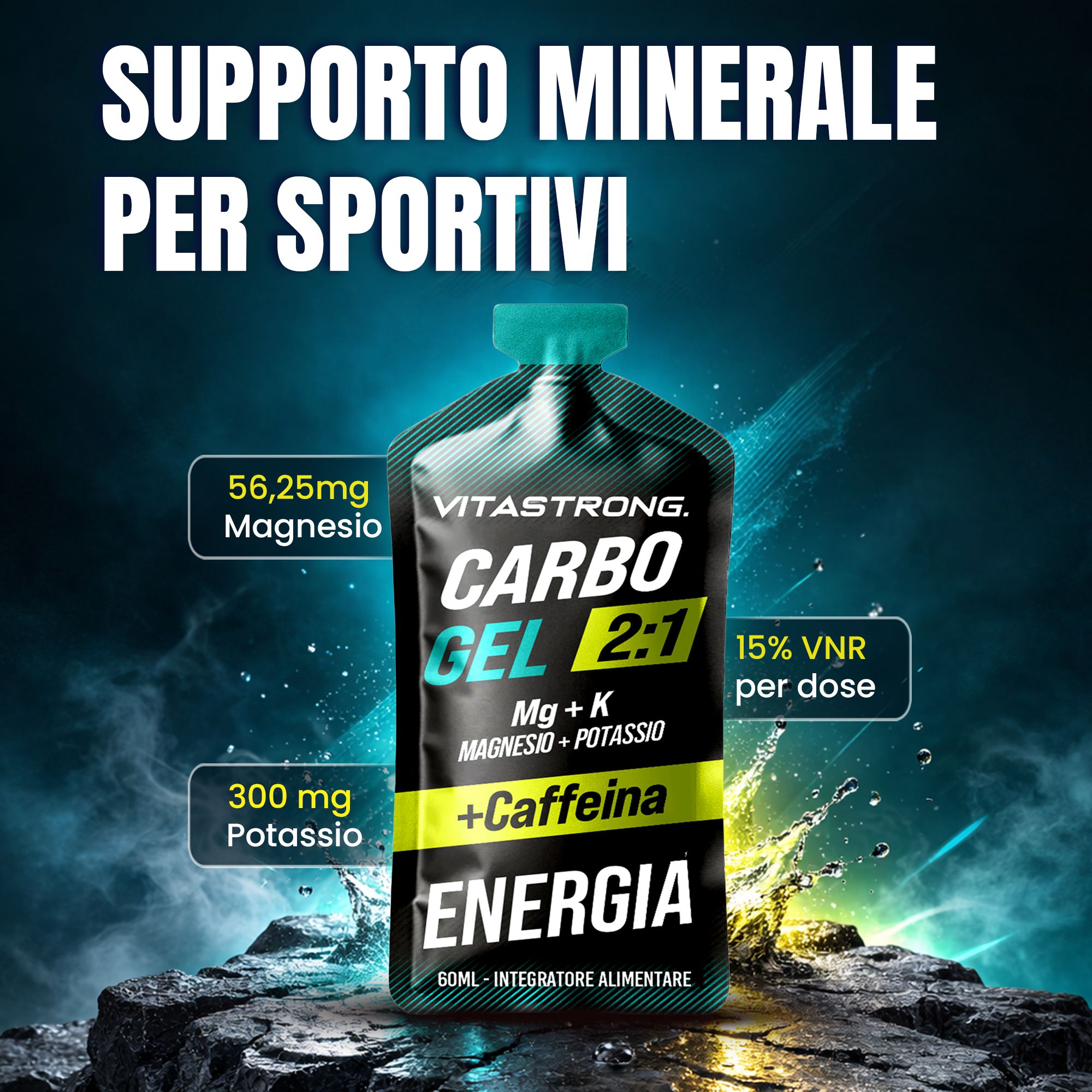 Vitastrong Carbo Gel 2:1 + Koffein. Confezione gel. Testo: Carbo Gel 2:1, Mg + K, Magnesio + Potassio + Caffeina, Energia. Supporto minerale.