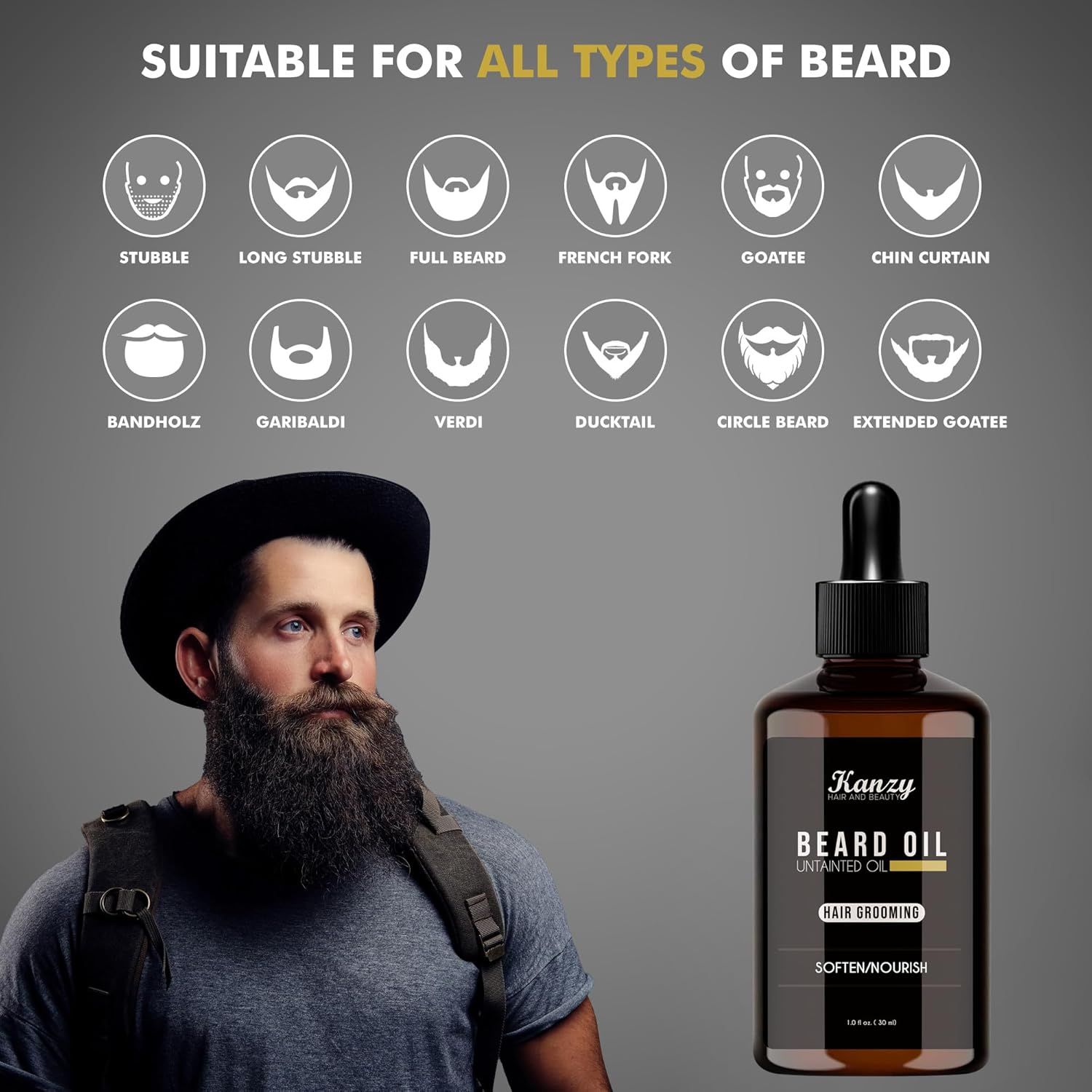 Flacone di vetro marrone con pipetta. Testo: Kanzy Beard Oil. Adatto a tutti i tipi di barba. Uomo con barba.