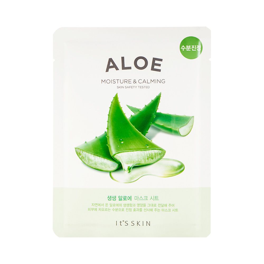 Confezione bianca con immagine di aloe vera. Testo: ALOE, MOISTURE & CALMING, SKIN SAFETY TESTED. Marchio: IT'S SKIN.