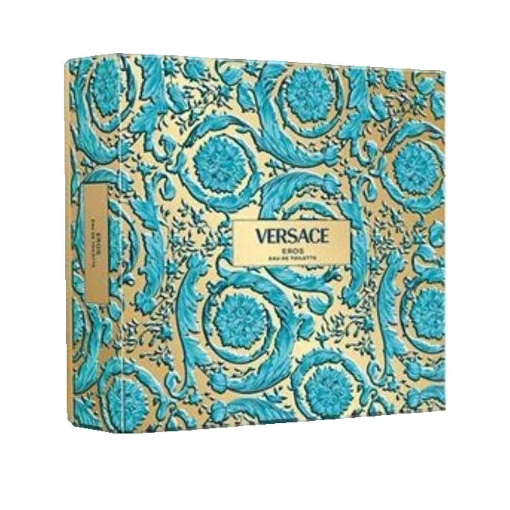Confezione con ornamenti blu e oro. Forma rettangolare. Testo: Versace Eros Eau de Toilette. Etichetta dorata con logo.