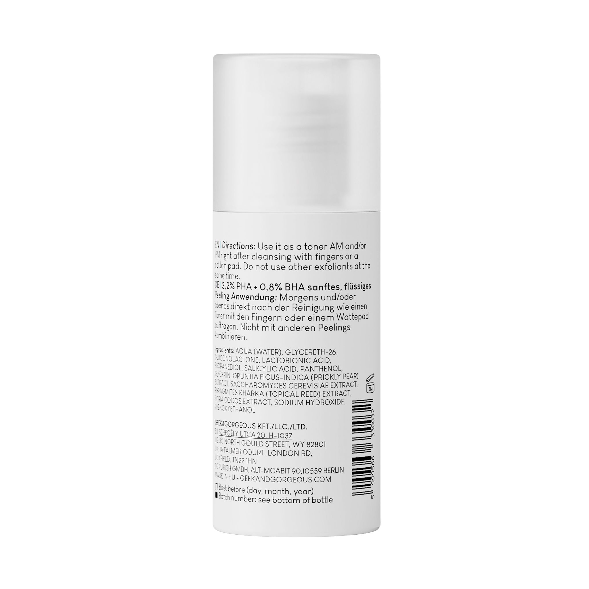 Retro di un flacone bianco con testo. Contiene informazioni su ingredienti, utilizzo e produttore.
