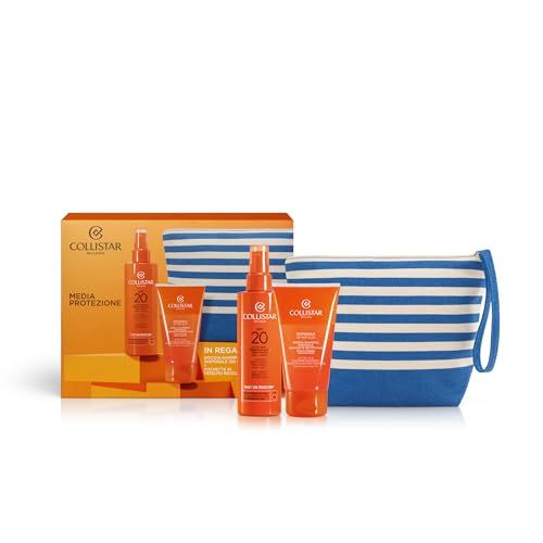 Set regalo con spray, crema, pochette e telo mare. Confezione arancione con logo Collistar e SPF 20.