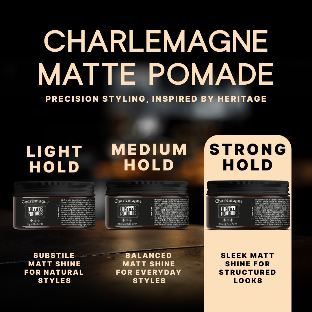 Tre barattoli di Charlemagne Matte Pomade in diverse tenute: Leggera, Media, Forte.