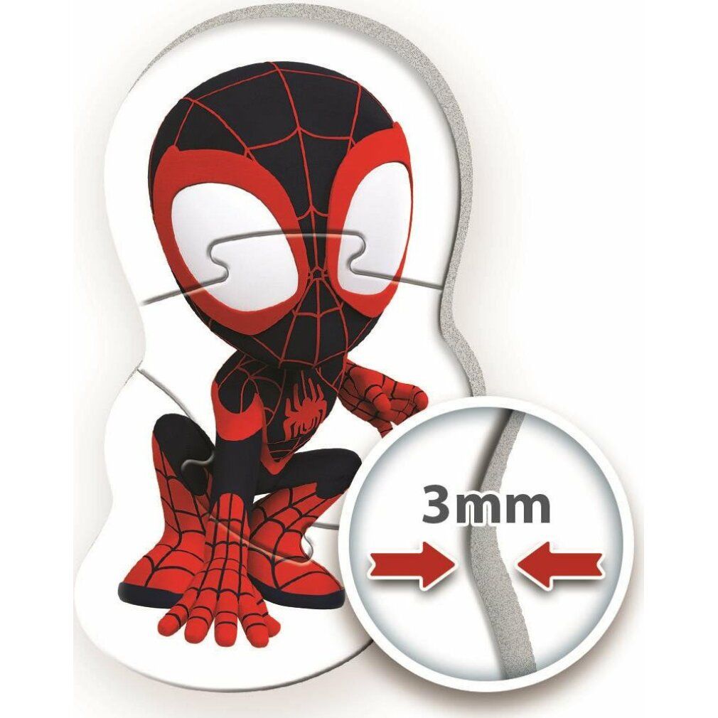 Due pezzi di puzzle con Spidey. Uno mostra Spidey, l'altro lo spessore del puzzle. Testo: 3mm.