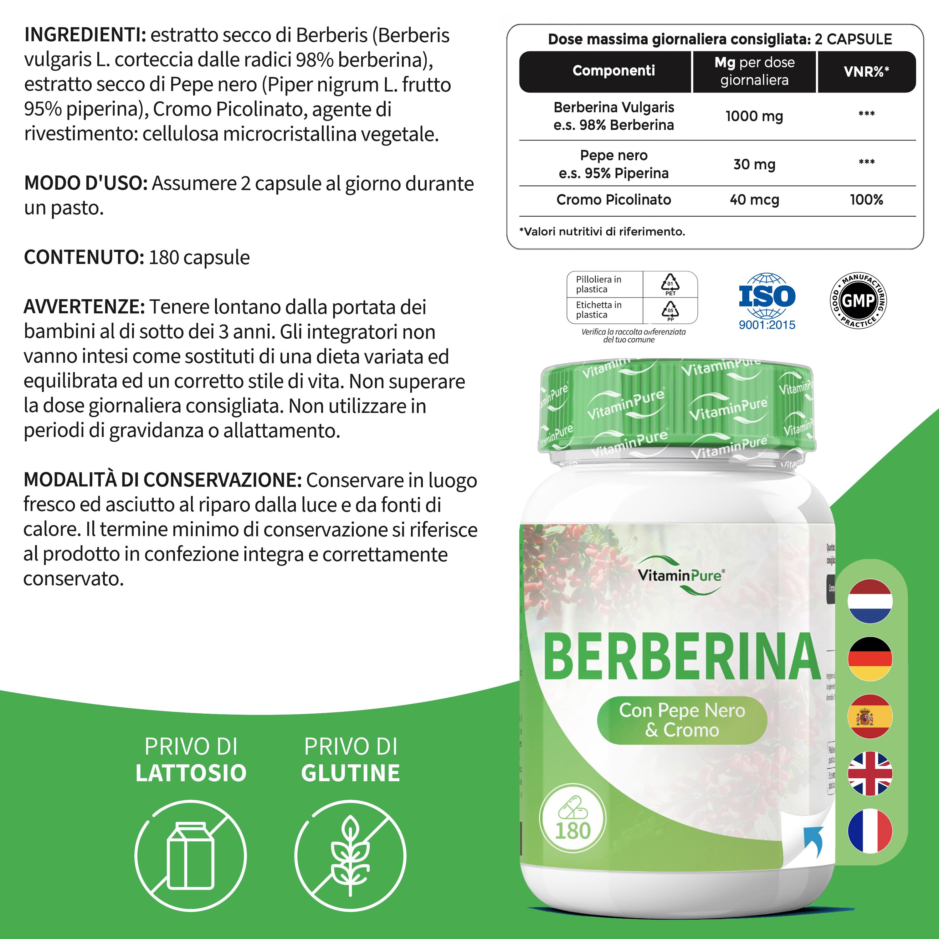 Retro del flacone VitaminPure® Berberina HCL con ingredienti, dosaggio, sigilli ISO e GMP.