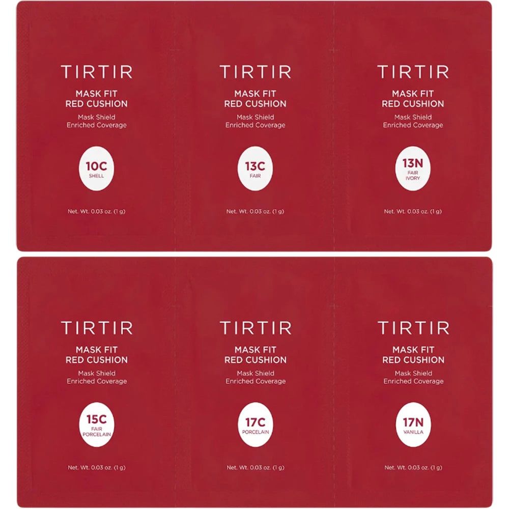 Sei confezioni rosse TIRTIR Mask Fit Red Cushion. Varianti colore: 10C, 13C, 13N, 15C, 17C, 17N. Contengono 0,03 oz (1g) ciascuna.