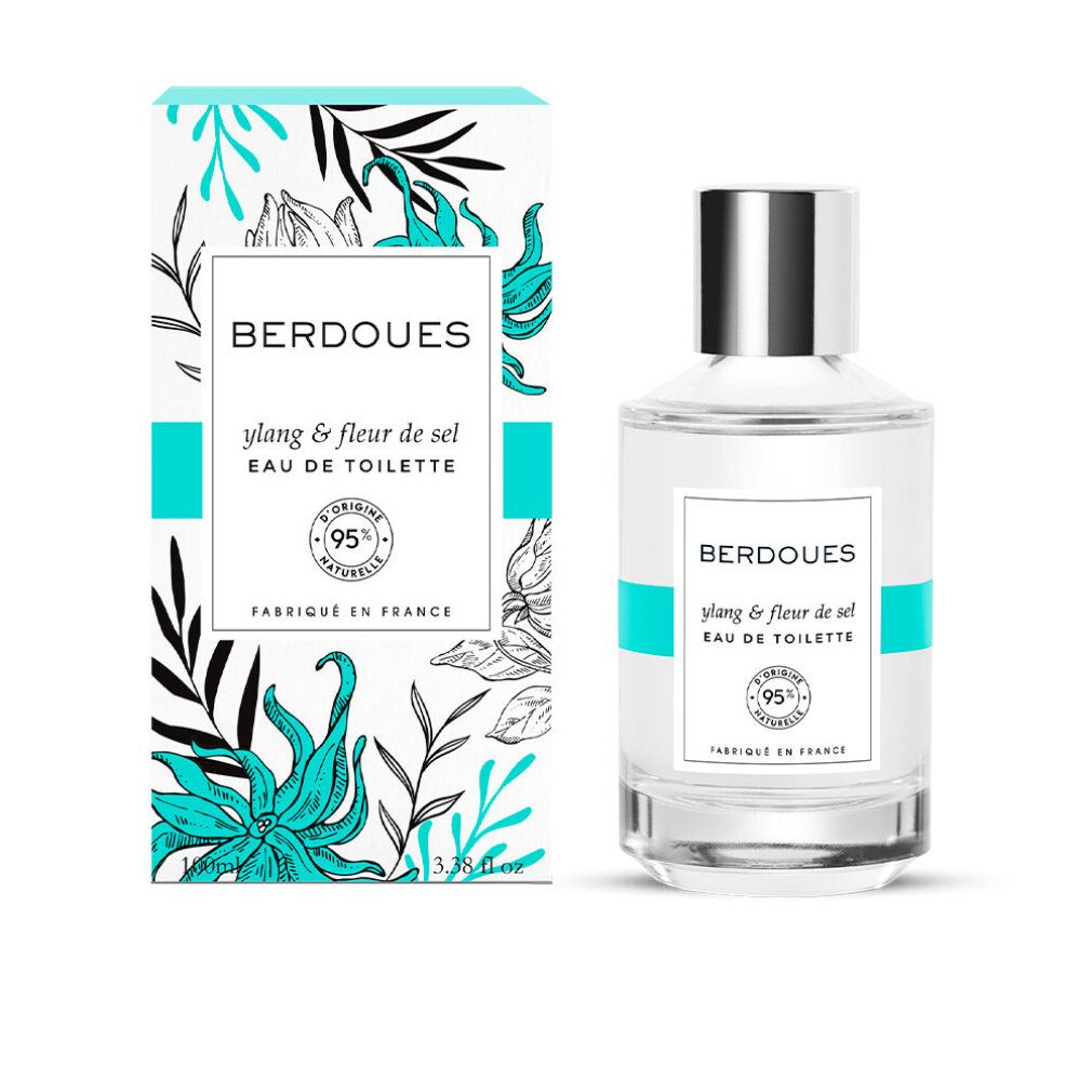 Flacone e scatola con design floreale. Scritta: ylang & fleur de sel Eau de Toilette. 95% naturale. Fabbricato in Francia.