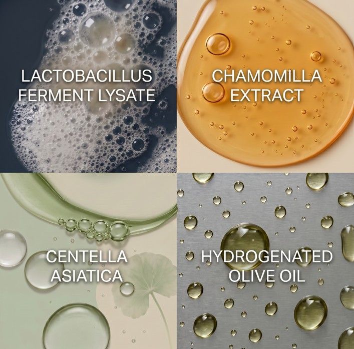 Quattro quadrati mostrano ingredienti: schiuma, estratto di camomilla, Centella Asiatica, olio d'oliva.