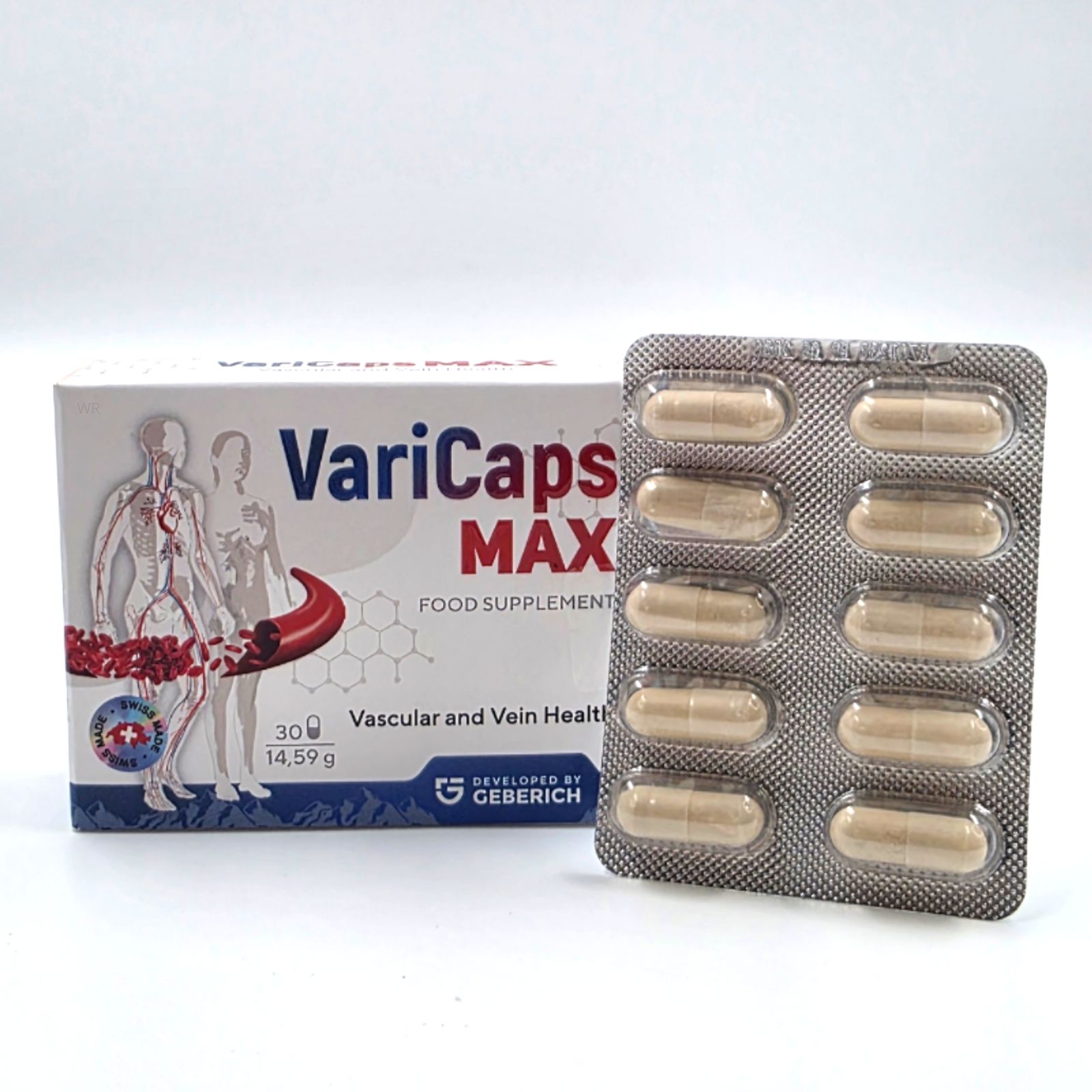 Confezione VariCaps MAX e blister di capsule. Scritto: Vascular and Vein Health. 30 capsule.
