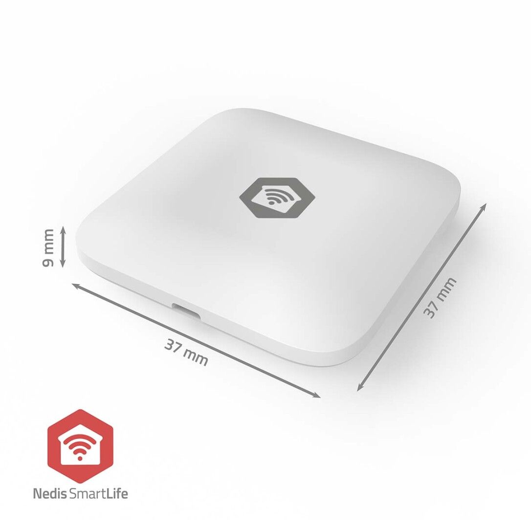 Sensore quadrato bianco con angoli arrotondati. Dimensioni: 37x37x9 mm. Logo Nedis SmartLife.
