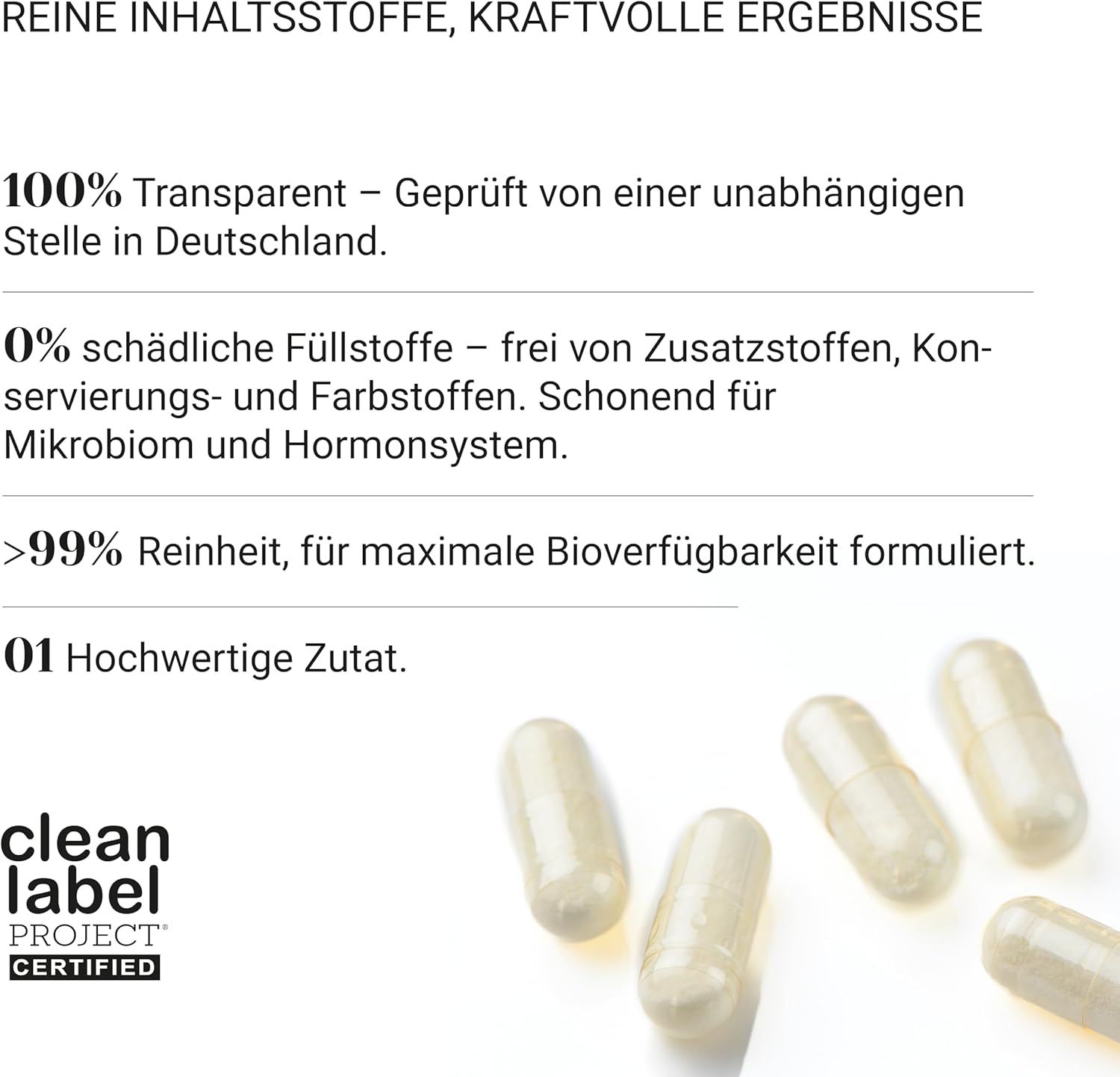 Capsule. Testo: Ingredienti puri, risultati potenti. Clean Label Project certificato.
