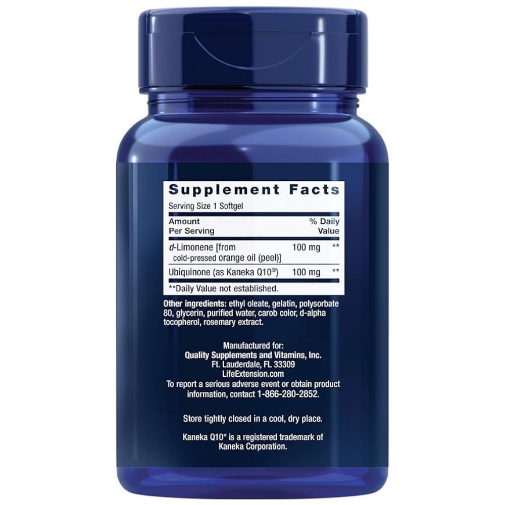 Retro di un contenitore blu con Life Extension Super-Assorbibile CoQ10 100 mg. Include Informazioni Nutrizionali.