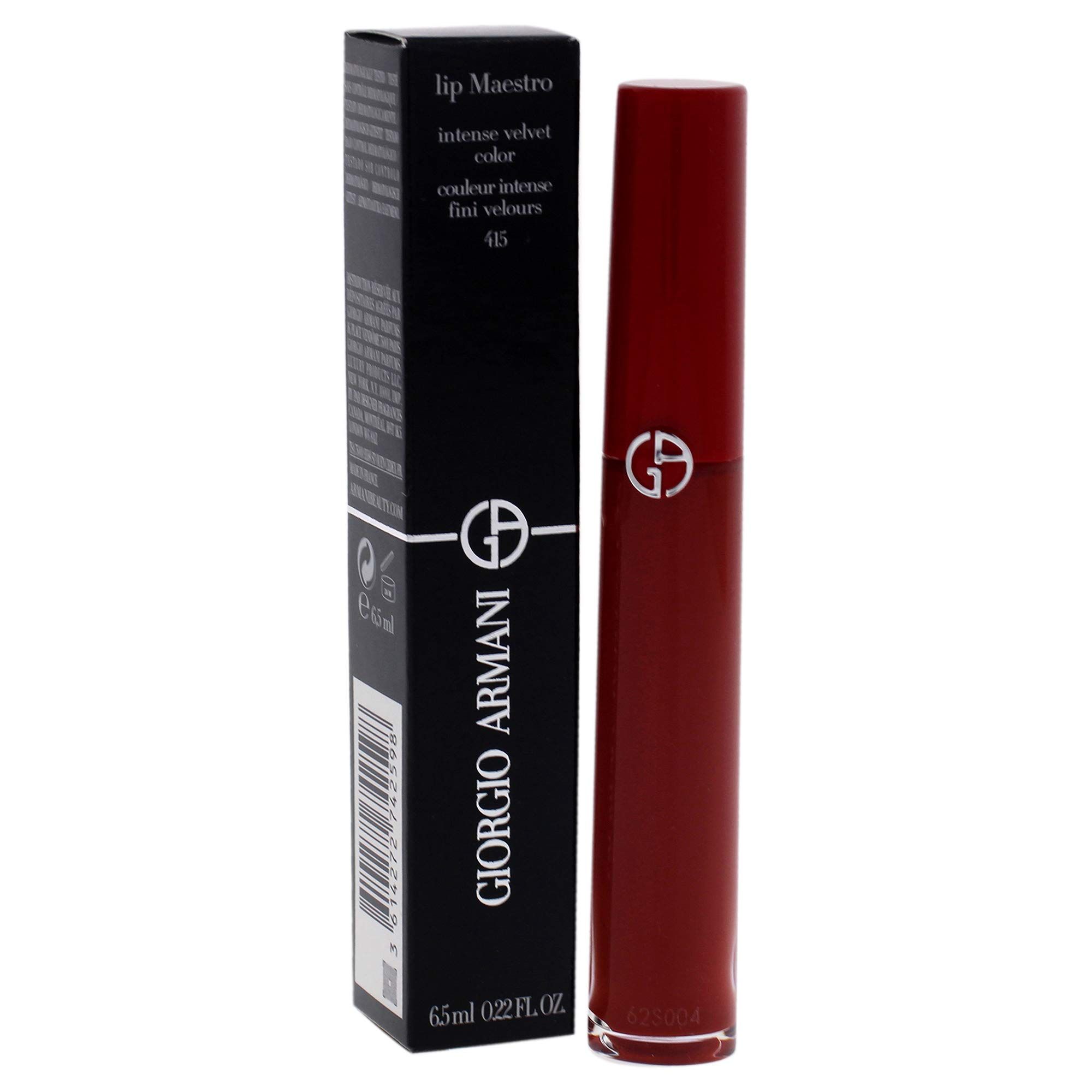 Rossetto e confezione. Scatola nera con testo bianco. Rossetto rosso con logo argento.