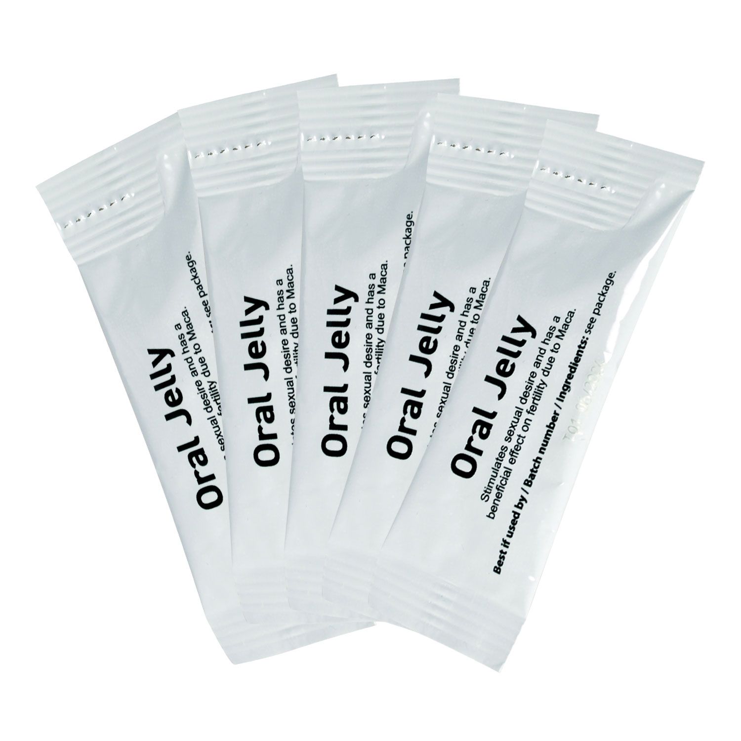Cinque bustine singole di Oral Jelly, un integratore alimentare per uomini e donne.