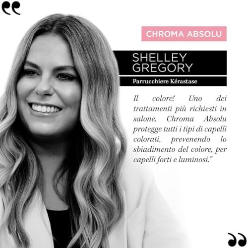 Donna con capelli biondi. Testo: Chroma Absolu, Shelley Gregory, Parrucchiere Kérastase. Citazione sul trattamento colore.