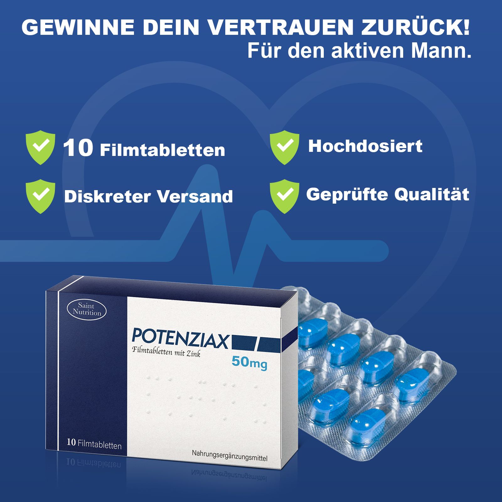 Immagine del prodotto con scatola e blister. Testo: "POTENZIAX 50mg". Compresse blu. Diversi segni di spunta verdi.