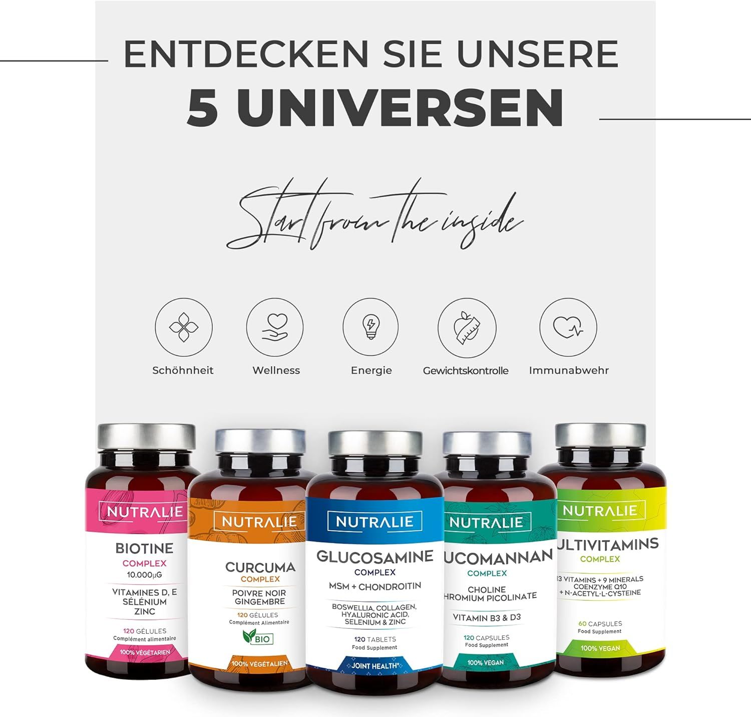 Cinque prodotti Nutralie in flaconi. Scritta: Biotina, Curcuma, Glucosamina, Ucomannan, Multivitamine. 180 capsule.