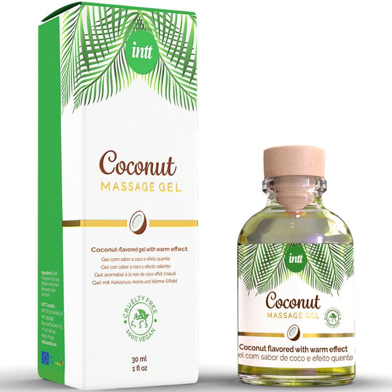 Flacone e confezione di gel massaggio. Scritta: Coconut Massage Gel. Aroma cocco ed effetto caldo. Cruelty Free.