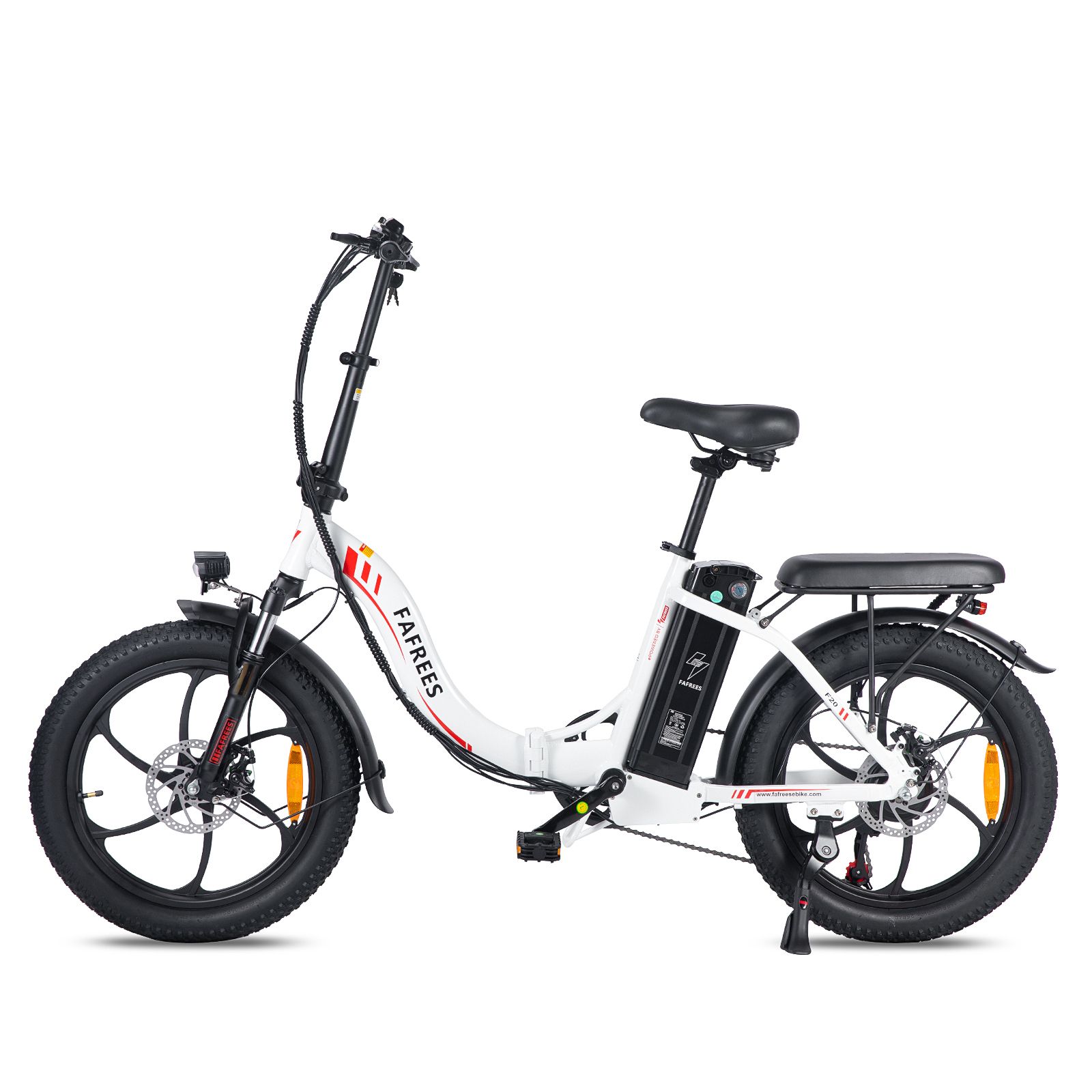 E-bike pieghevole FAFREES F20, bianco, pneumatici neri, logo rosso. Freni a disco, portapacchi, parafanghi, catarifrangenti arancioni.