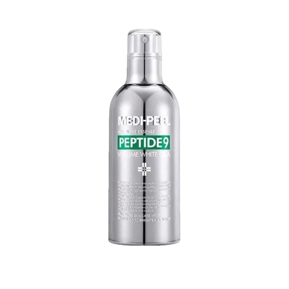 Flacone argento con erogatore a spruzzo. Scritta: MEDI-PEEL, PEPTIDE 9, Volume White Cica. Testo verde.
