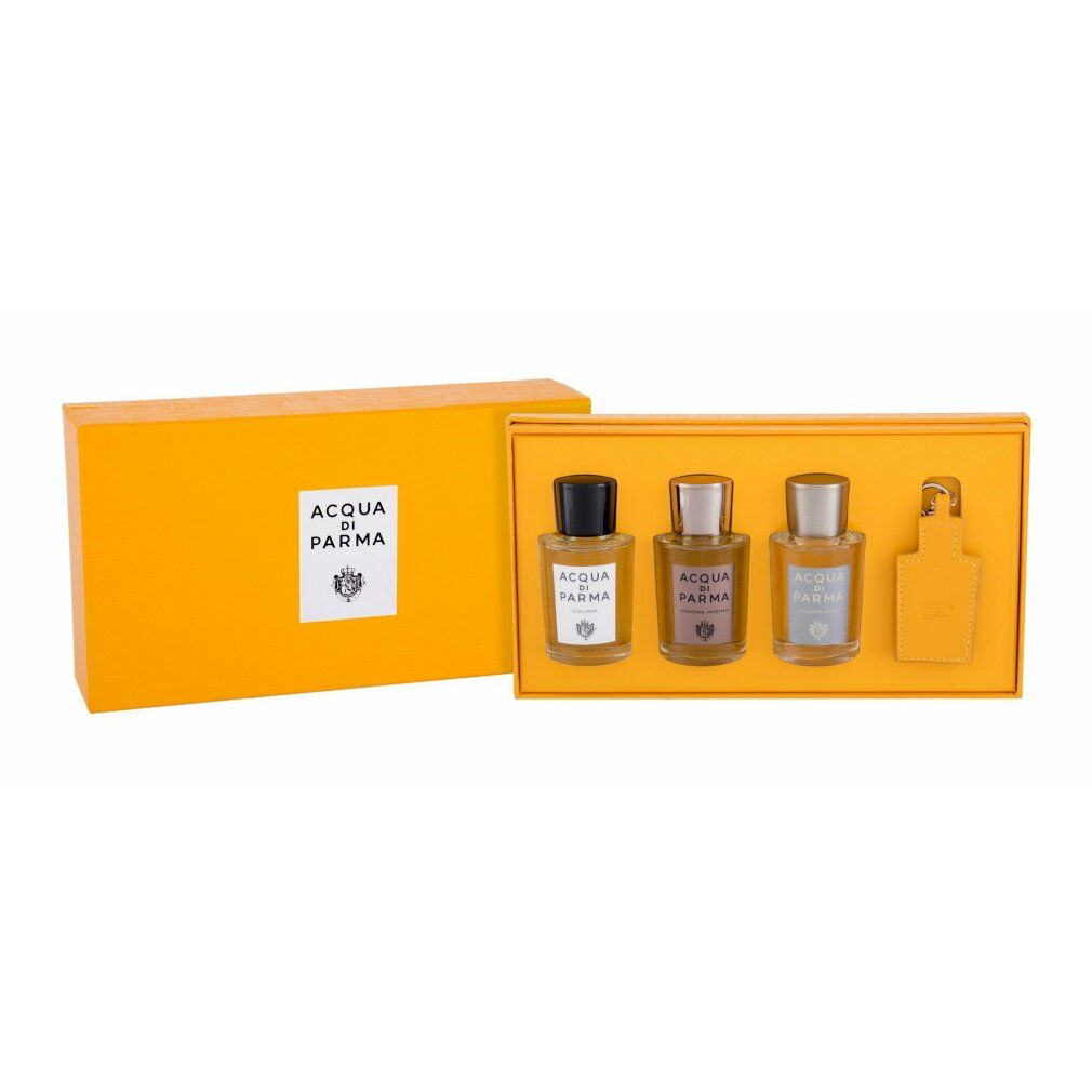 Confezione regalo gialla aperta con tre flaconi e un vaporizzatore. Scritta: Acqua di Parma.