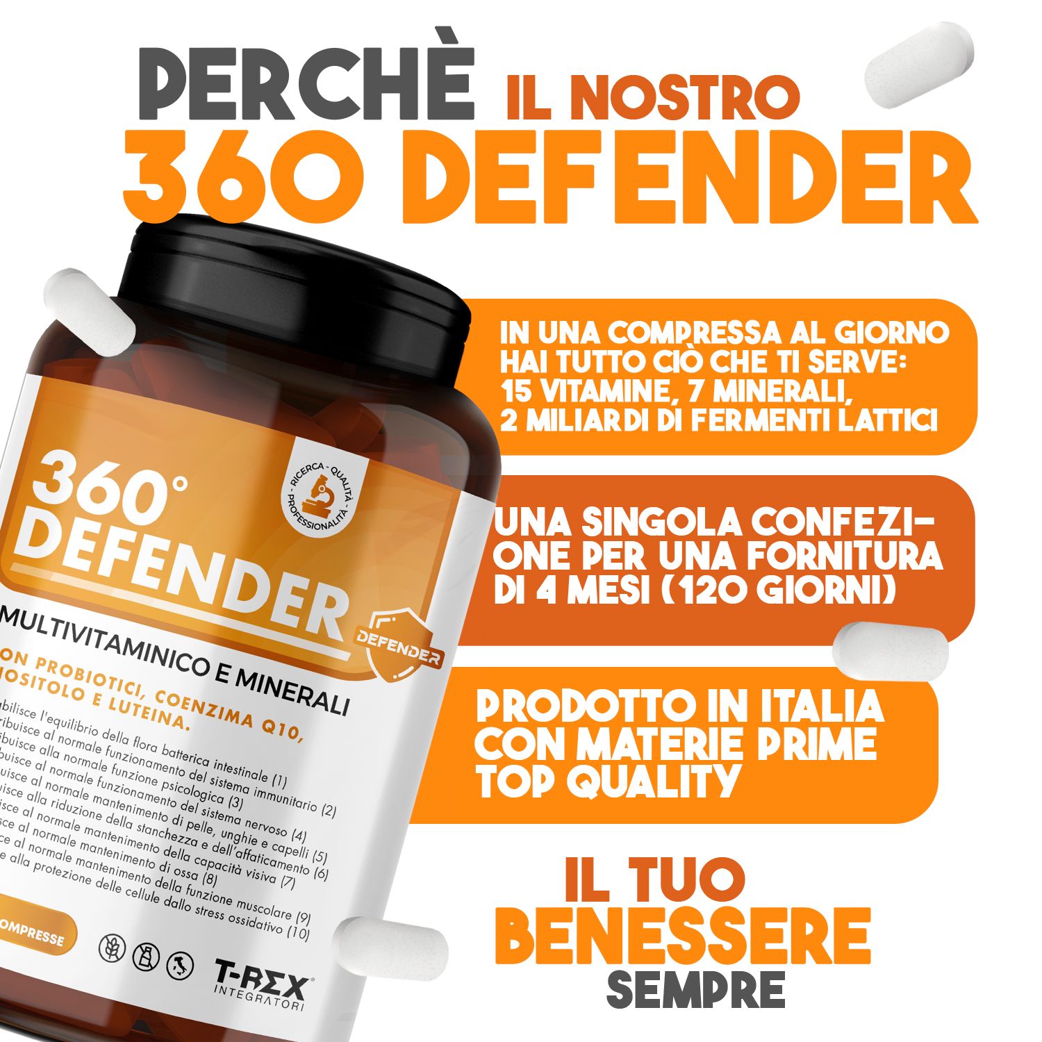 360° DEFENDER Multivitaminico. Flacone di compresse e testo: 15 vitamine, 7 minerali, 2 miliardi di Fermenti Lattici.