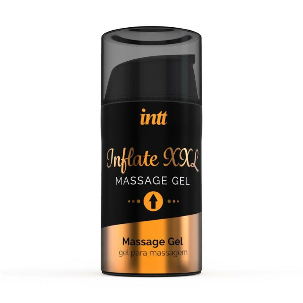Flacone cilindrico nero con scritta dorata: INTT Inflate XXL Massage Gel. Tappo trasparente. Base dorata.