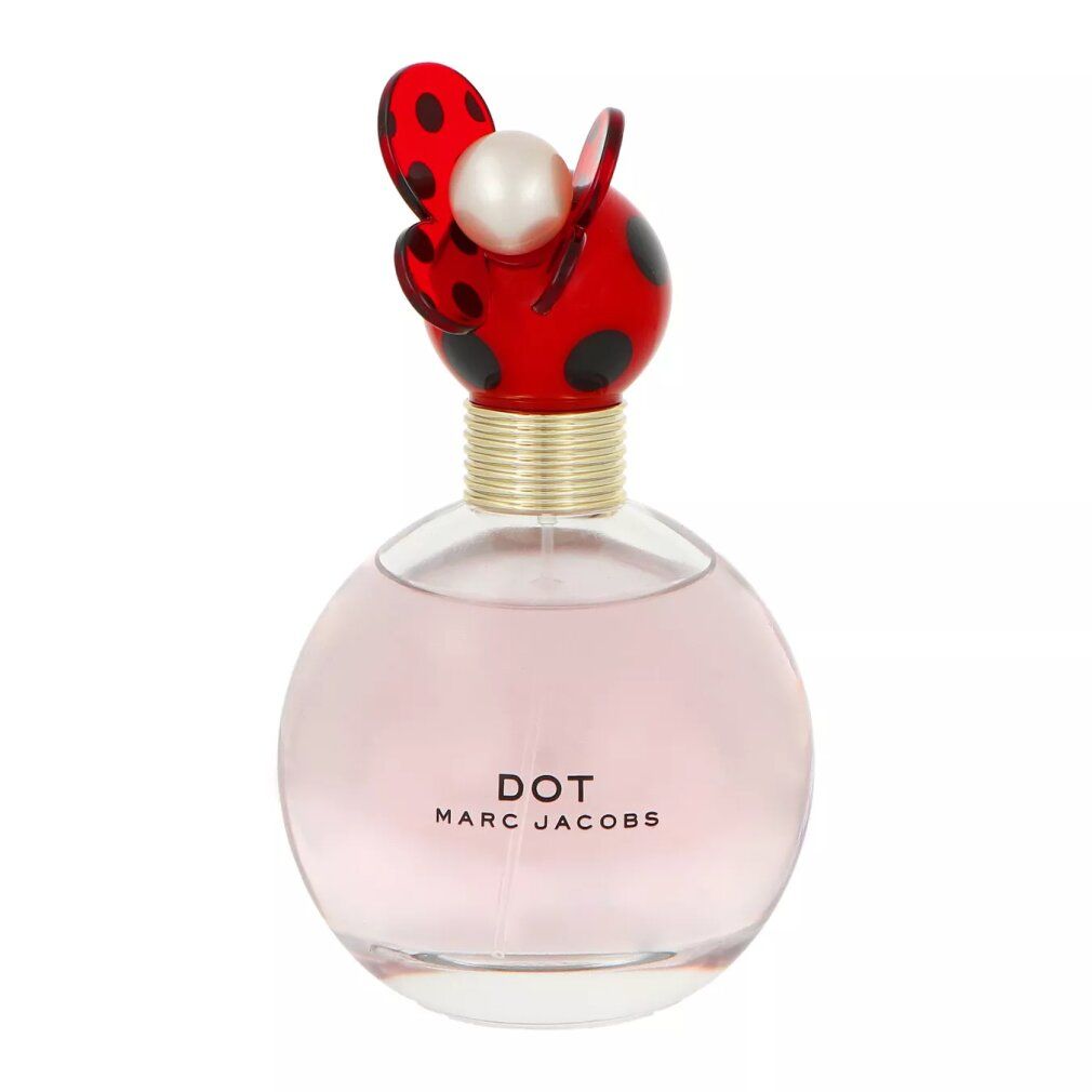 Flacone Marc Jacobs Dot Eau de Parfum con tappo ispirato alla coccinella. Liquido trasparente.