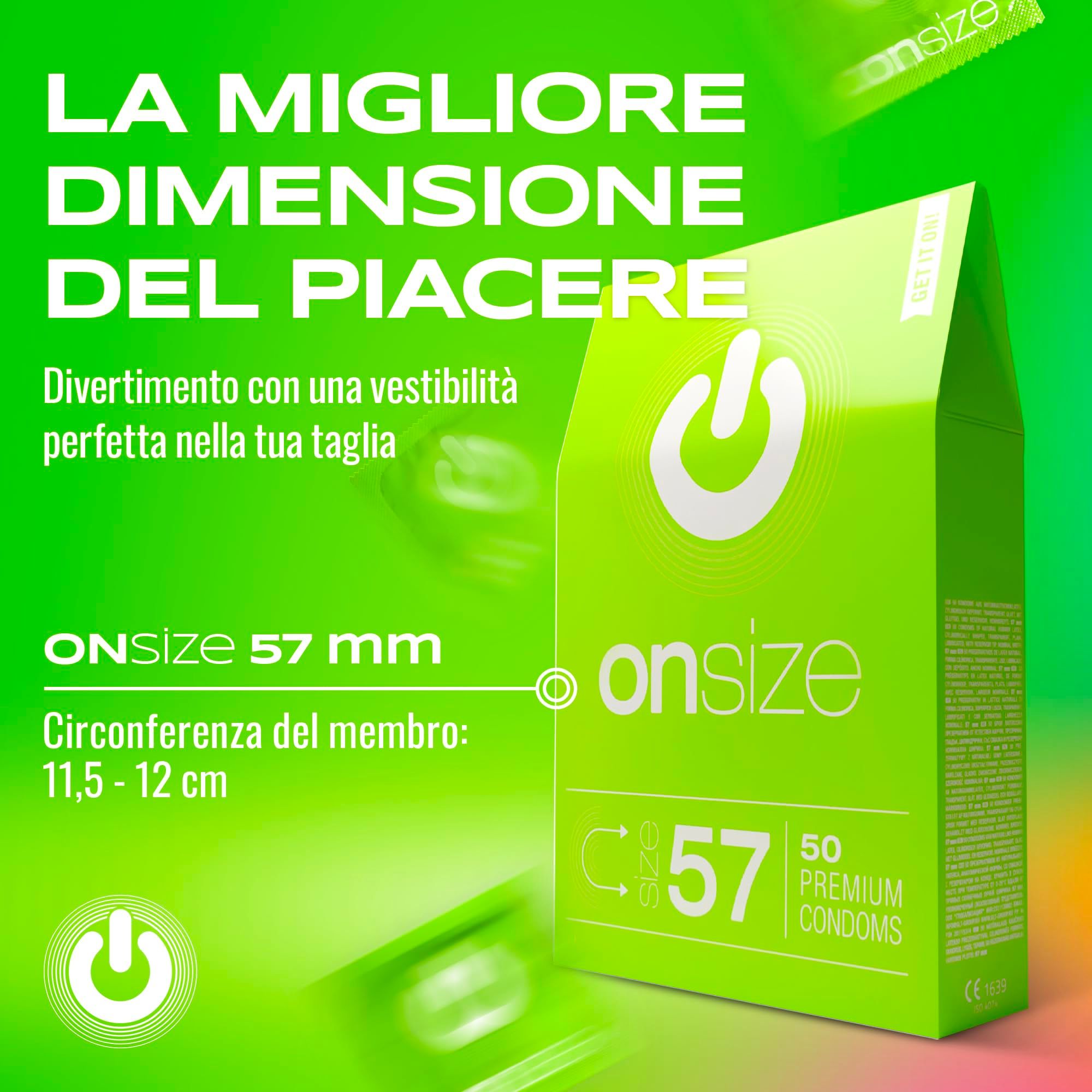 Confezione verde di preservativi ONsize, 57mm, 50 pezzi.