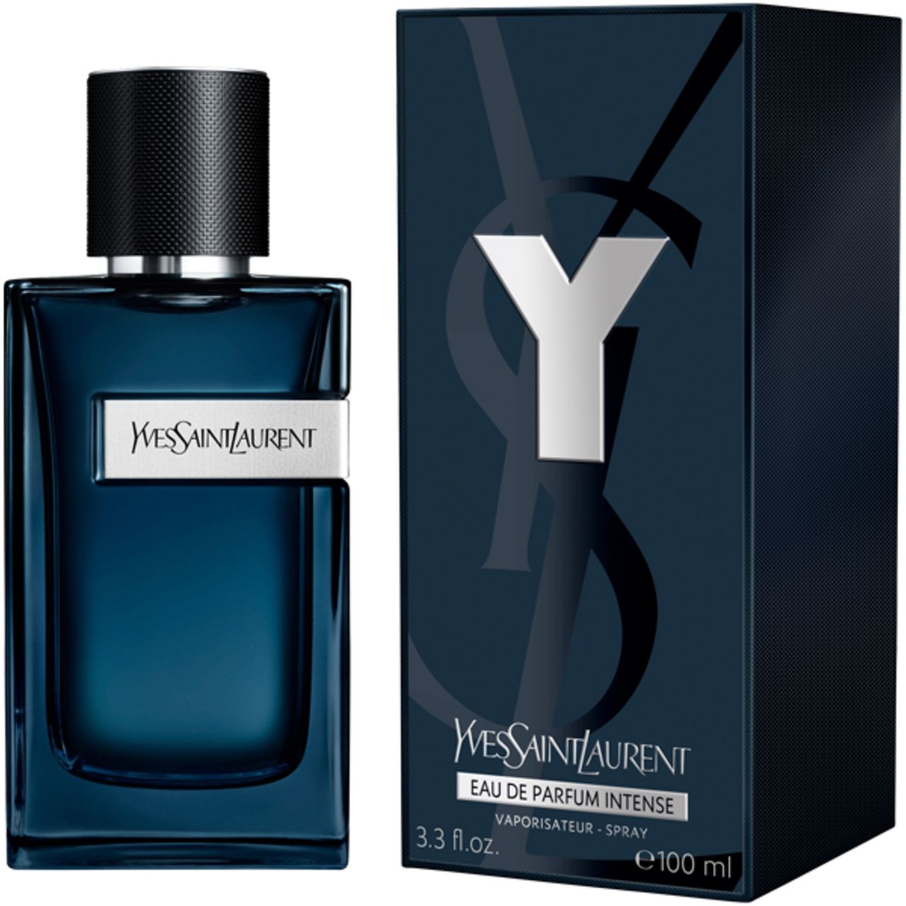 Flacone blu e confezione. Flacone con Y argentato e scritta. Confezione con logo Y e scritta.