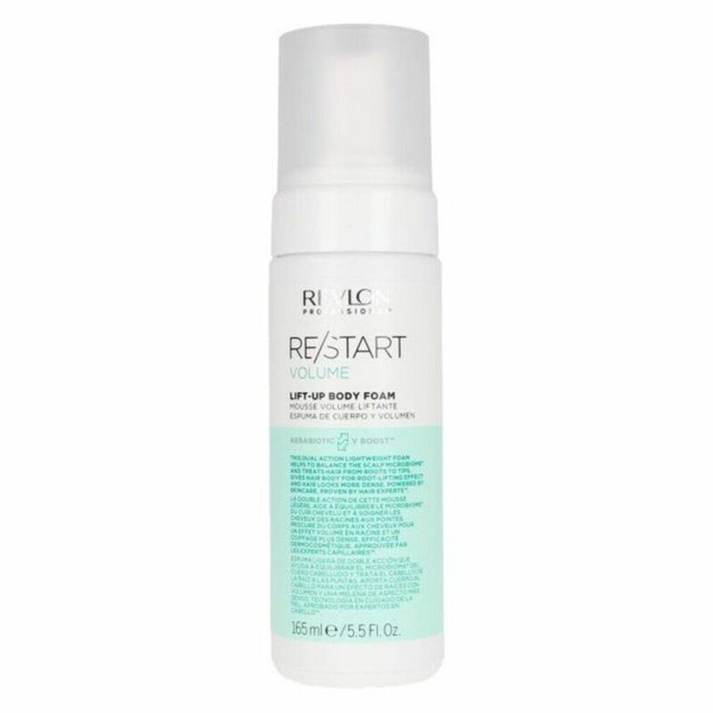 Prodotto bianco con erogatore spray. Scritta: RE/START VOLUME, LIFT-UP BODY FOAM. 165 ml/5.5 Fl.Oz.