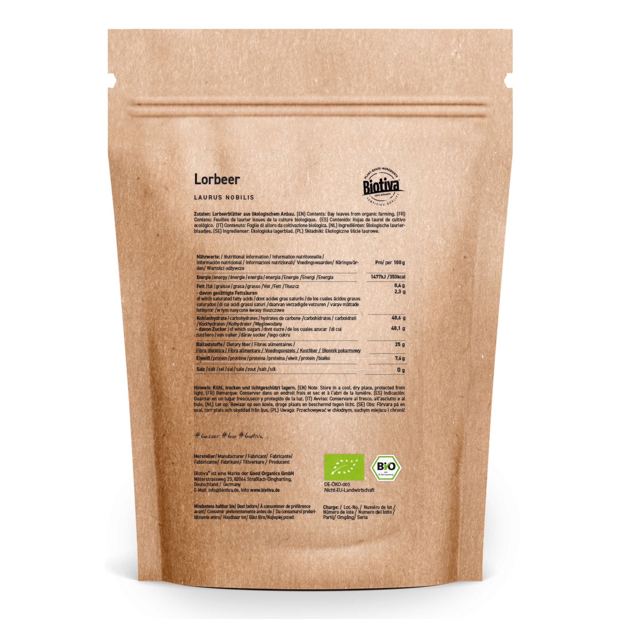 Retro della busta marrone con logo Biotiva. Contiene informazioni sugli ingredienti e il valore nutrizionale. Con sigillo bio.